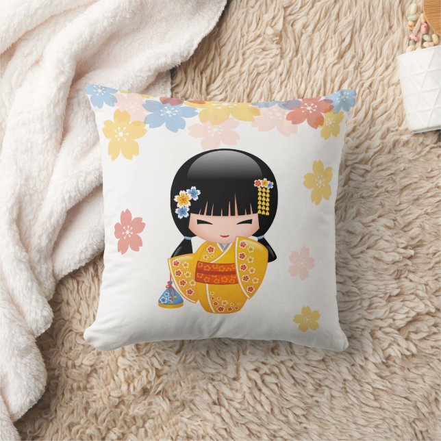 Summer Kokeshi Doll - Yellow Kimono Geisha Girl Throw Pillow (Blanket)