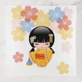 Summer Kokeshi Doll - Yellow Kimono Geisha Girl Trinket Tray