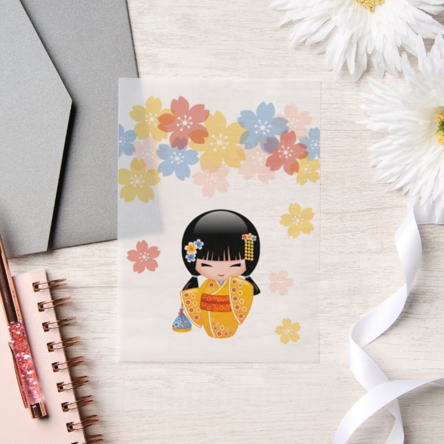 Summer Kokeshi Doll Yellow Kimono Geisha Insert Vellum Invitations (Wedding)