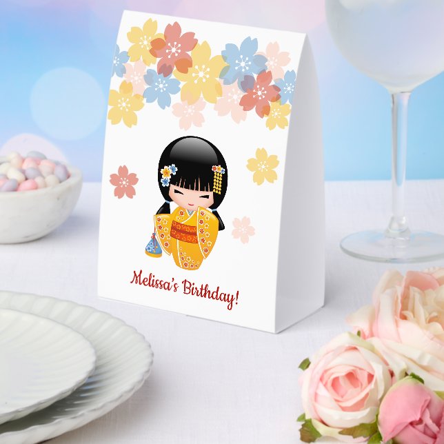 Summer Kokeshi Doll Yellow Kimono Geisha Paper Table Tent (Insitu(Wedding))