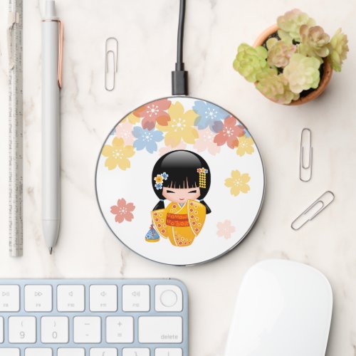 Summer Kokeshi Doll _ Yellow Kimono Geisha Wireless Charger