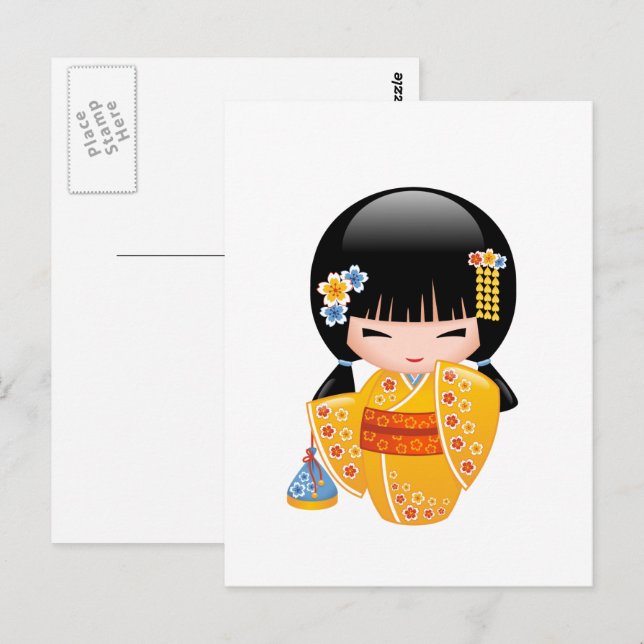 Summer Kokeshi Doll - Yellow Kimono Girl Postcard (Front/Back)