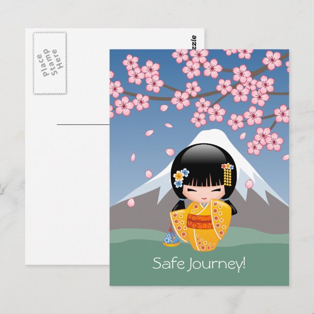 Summer Kokeshi Doll - Yellow Kimono Safe Journey Postcard (Front/Back)