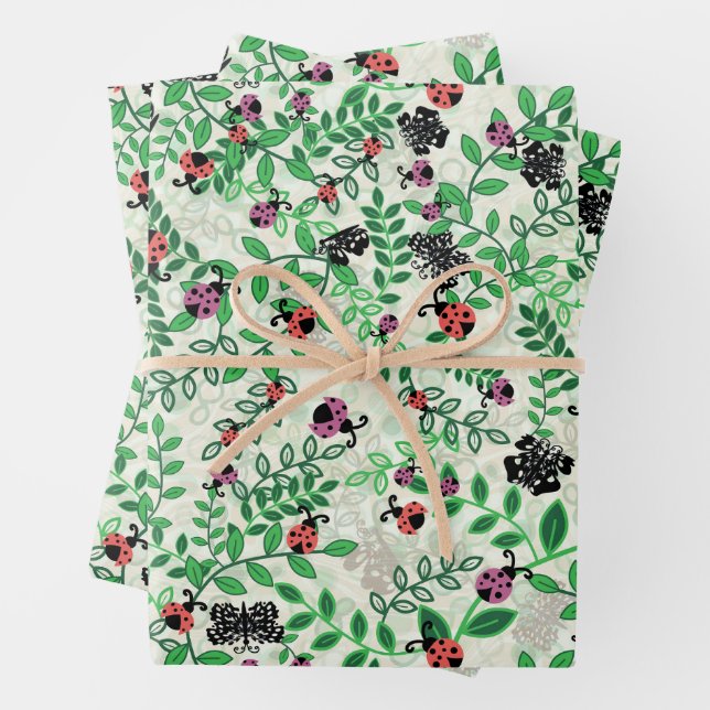 Summer - Lady Bugs, Butterflies and Leaves Wrapping Paper Sheets (In situ)