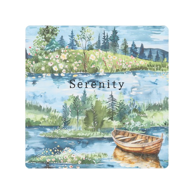 Summer Lake Boat Flowers Serenity Metal Print (Front)