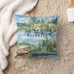 Summer Lake Boat Flowers Serenity Throw Pillow
