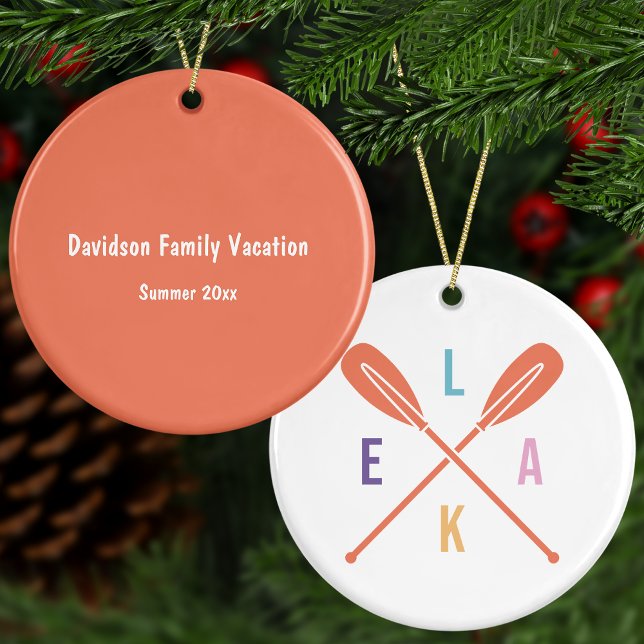 Summer Lake Paddles with Custom Text Christmas Ceramic Ornament (This custom keepsake is also available in green and red colors.)
