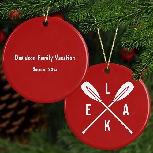 Summer Lake Paddles with Custom Text Red Christmas Ceramic Ornament