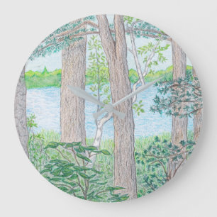 Summer Lake with Woods Colored Pencil Drawing Large Clock