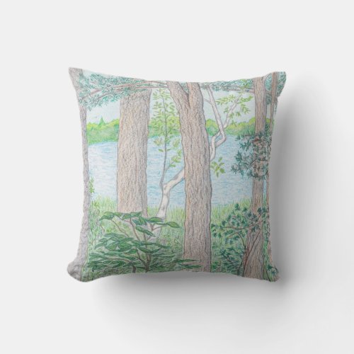Summer Lake with Woods Colored Pencil Drawing Outdoor Pillow