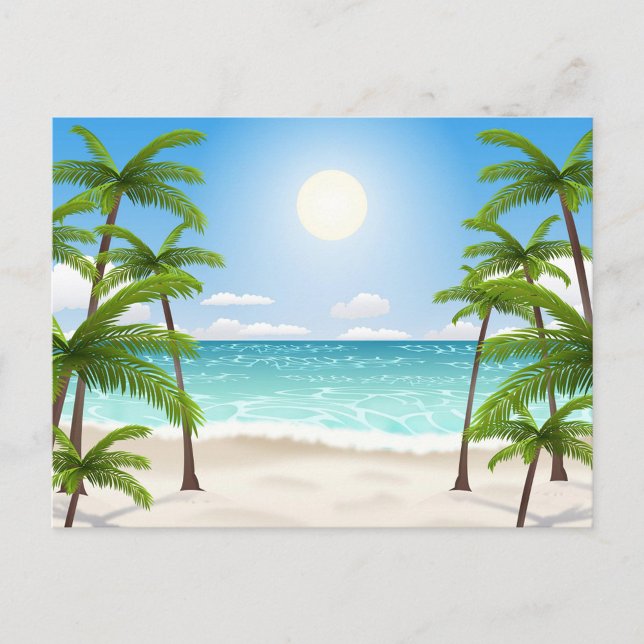 Summer Landscape Postcard (A cartoon illustration of a tropical beach scene, featuring a bright blue sky with a radiant sun.)