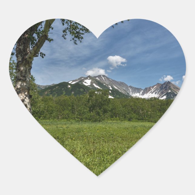 Summer landscape with mountain view on sunny day heart sticker (Front)