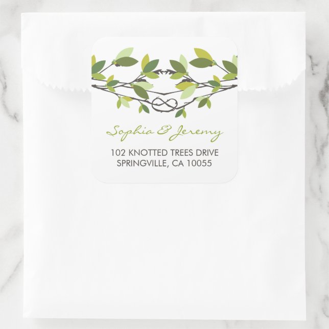 Summer Leaves Knotted Love Trees Whimsical Wedding Square Sticker (Bag)