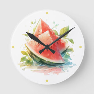 Summer Leaves With Watercolor Watermelon Round Clock