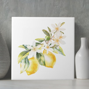 Summer Lemon and Flowers Botanical Tree Branch Ceramic Tile