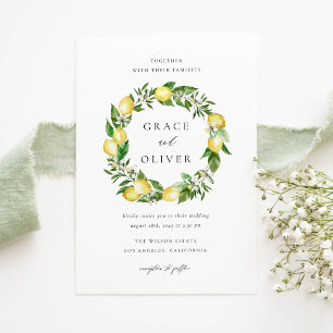 Summer Lemon and Greenery Wreath QR Code Wedding Invitation Postcard