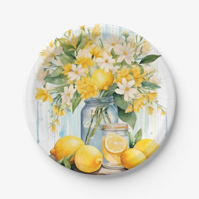 Summer Lemon Blossom Jar Paper Plates (Front)