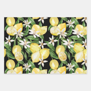 Summer Lemon blossom pattern on black Wrapping Paper Sheets