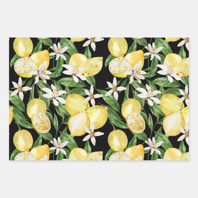 Summer Lemon blossom pattern on black Wrapping Paper Sheets (Front)