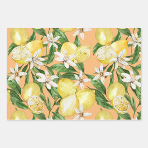 Summer Lemon blossom pattern on orange Wrapping Paper Sheets
