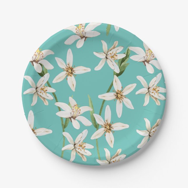 Summer Lemon blossom pattern on teal  Paper Plates (Front)