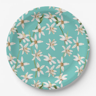 Summer Lemon blossom pattern on teal Paper Plates