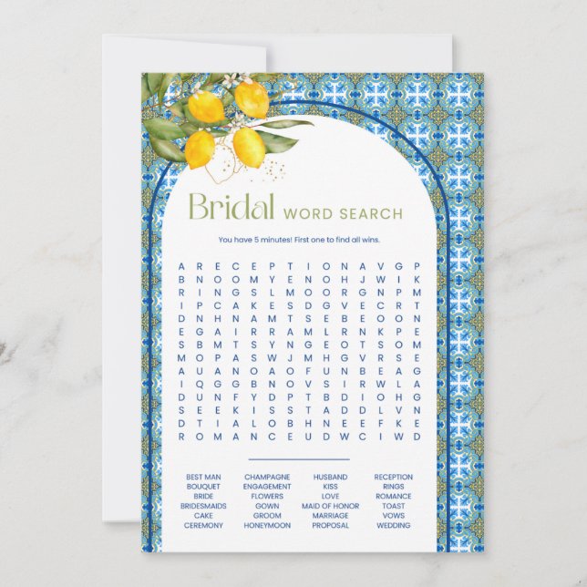Summer Lemon Bridal Shower Word Search Game Card (Front)