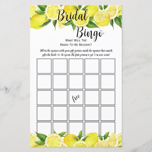 Summer Lemon Citrus Bridal Shower Bingo Party Game