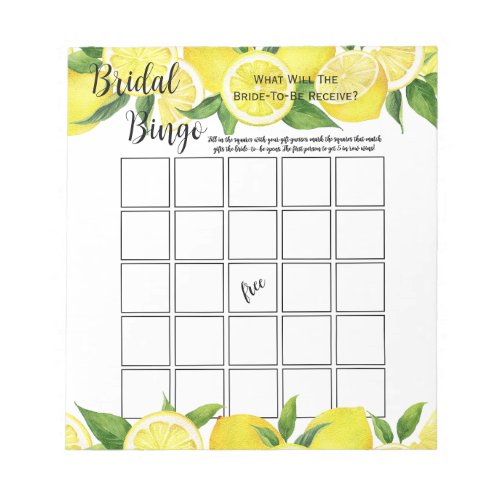Summer Lemon Citrus Bridal Shower Bingo Party Game Notepad