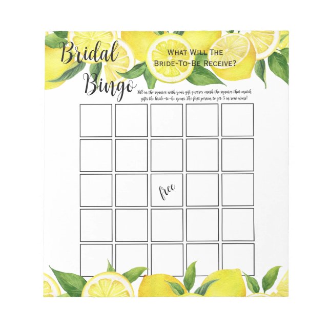 Summer Lemon Citrus Bridal Shower Bingo Party Game Notepad (Front)