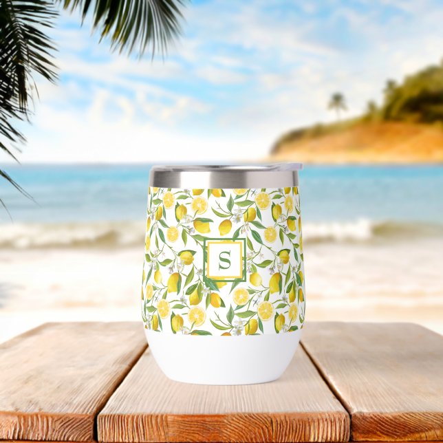 Summer Lemon Citrus Flowers Monogrammed Initials  Thermal Wine Tumbler (Beach)