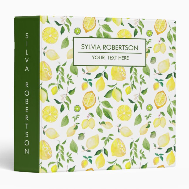 Summer Lemon Citrus Pattern Personalized 3 Ring Binder (Front/Spine)