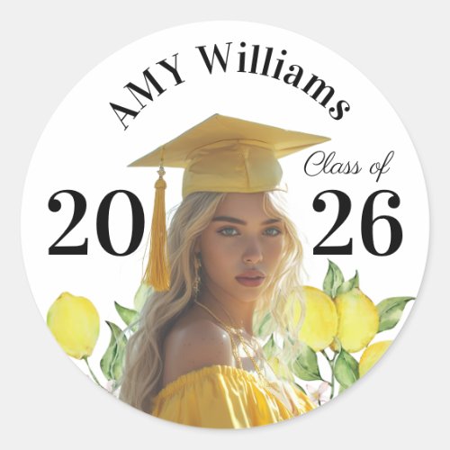 Summer Lemon Citrus Yellow Graduation Photo Class  Classic Round Sticker