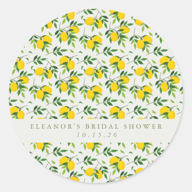 Summer Lemon Fruit Pattern Custom Bridal Shower Classic Round Sticker (Front)