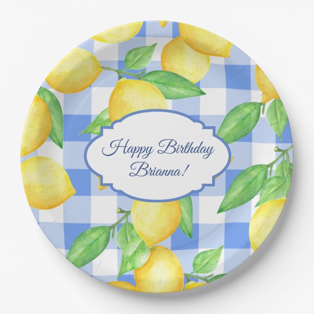 Summer Lemon Gingham Birthday Paper Plates (Front)