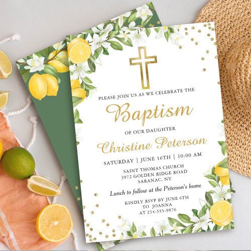 Summer Lemon Greenery Gold Cross Baptism Invitation