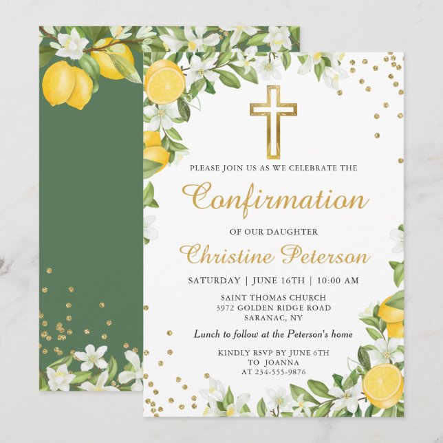 Summer Lemon Greenery Gold Cross Confirmation Invitation (Front/Back)
