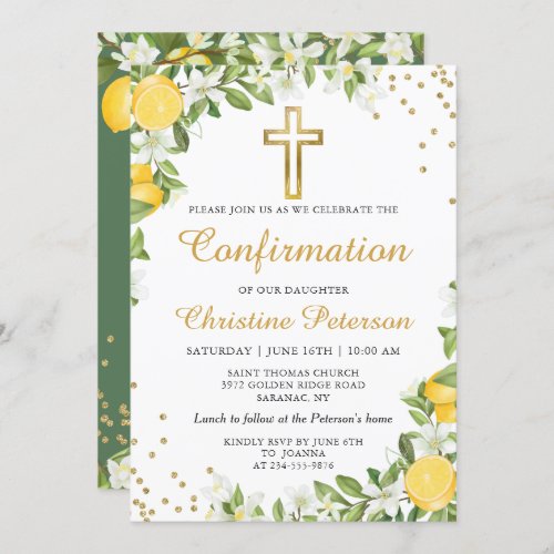 Summer Lemon Greenery Gold Cross Confirmation Invitation