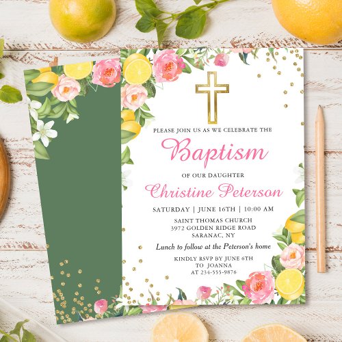 Summer Lemon Greenery Pink Floral Girl Baptism Invitation