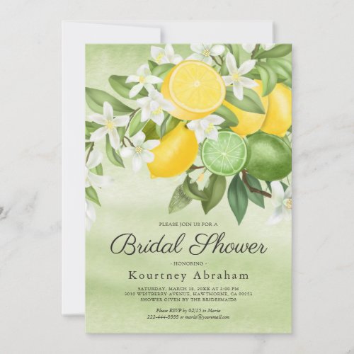 Summer Lemon & Lime Bridal Shower Invitation - Summer garden wedding bridal shower invitations featuring a green watercolor wash background, citrus lemons & limes, white blossom, botanical foliage, and a elegant bridal party template that is easy to personalize.