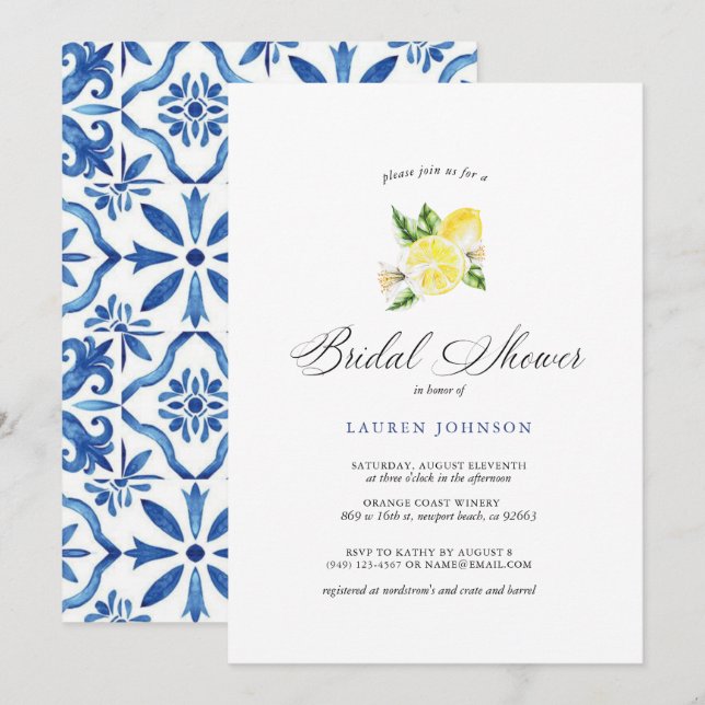 Summer Lemon & Mediterranean Tiles Bridal Invitation (Front/Back)