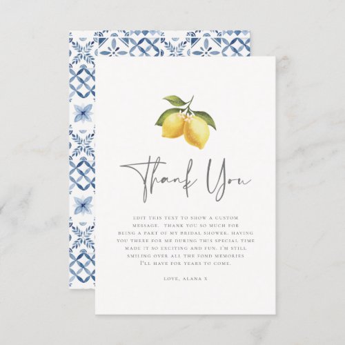 Summer Lemon  Mediterranean Tiles Bridal Shower Thank You Card