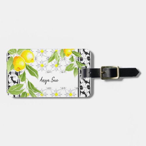 Summer Lemon on Portuguese Black and White Azulejo Luggage Tag