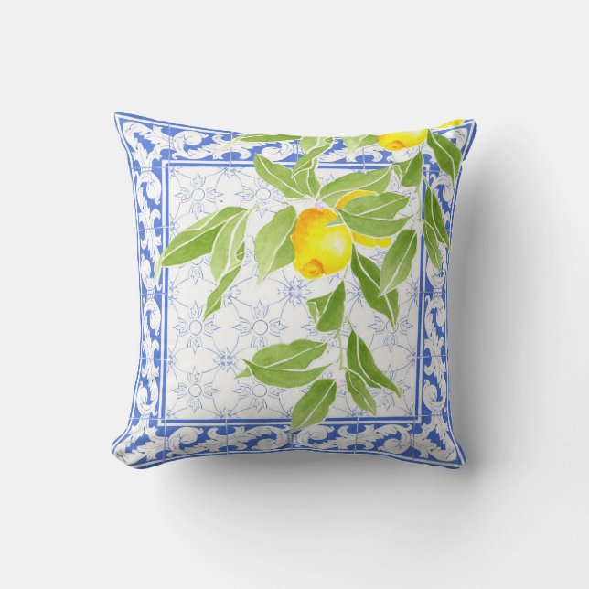 Summer Lemon on Portuguese Blue and White Azulejo Throw Pillow (Front)