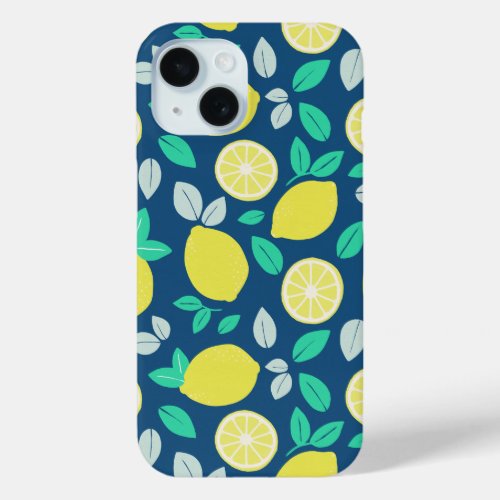 Summer Lemon Pattern in Navy Blue iPhone 15 Case