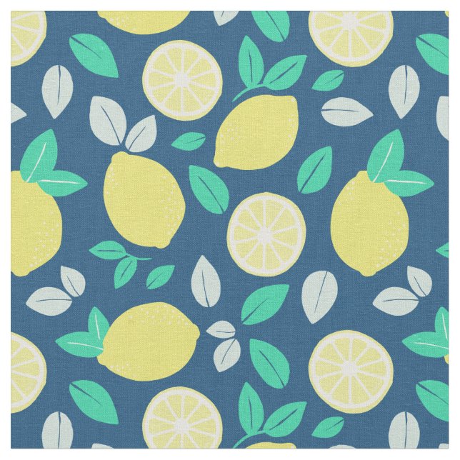 Summer Lemon Pattern in Navy Blue Fabric (Close Up)