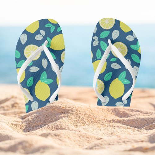 Summer Lemon Pattern in Navy Blue Flip Flops