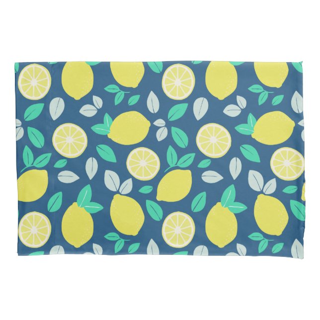 Summer Lemon Pattern in Navy Blue Pillow Case (Front)