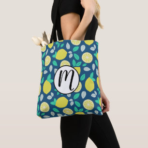 Summer Lemon Pattern in Navy Blue Tote Bag
