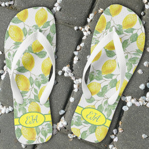 Summer Lemon Pattern Initial Yellow White Lemonade Flip Flops